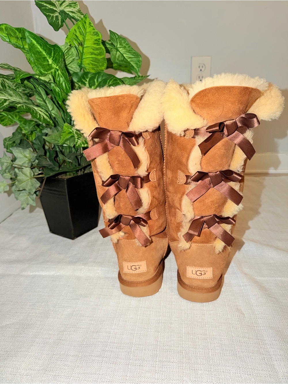UGG Chestnut Suede Tall Boots with Cream Shearling and Brown Ribbon
